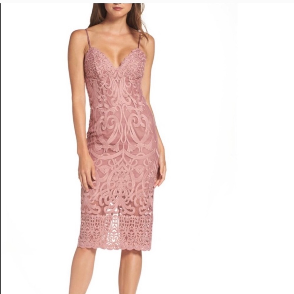 Pink Bardot Gia Lace Sheath Dress Midi Length